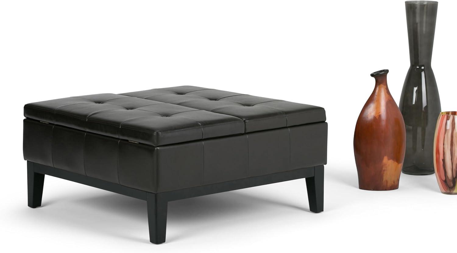 Simpli Home Dover 36"W Upholstered Square Coffee Table Storage Ottoman with Split Tufted Lift Top