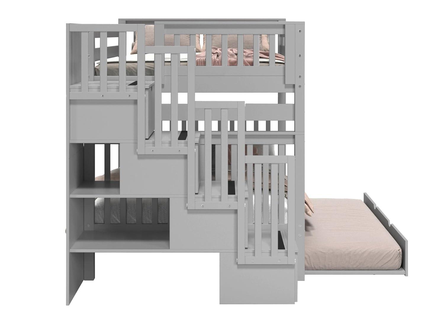 Bedz King Stairway Bunk Beds Full over Full with 4 Drawers in the Steps and a Full Trundle, Gray