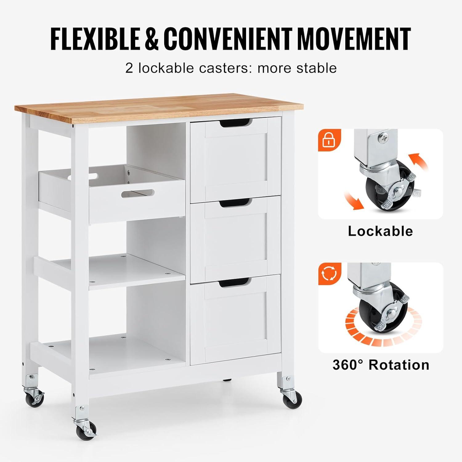 White Wood Kitchen Cart with Spice Rack and Storage