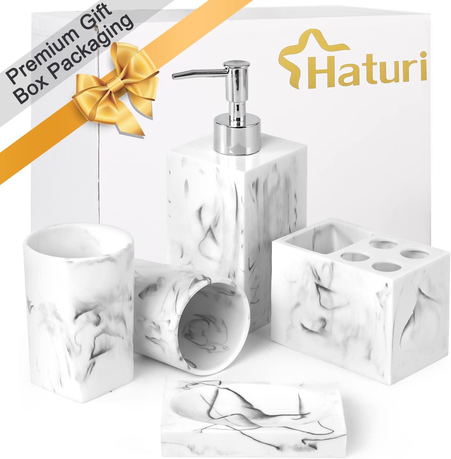 Haturi Bathroom Accessories Set, 4 Pcs Marble Look Sets Soap Dispenser & Toothbrush Holder Counter Top Restroom Apartment Decor Stuff, Glass Kits, Gift for Women and Men, Ink White