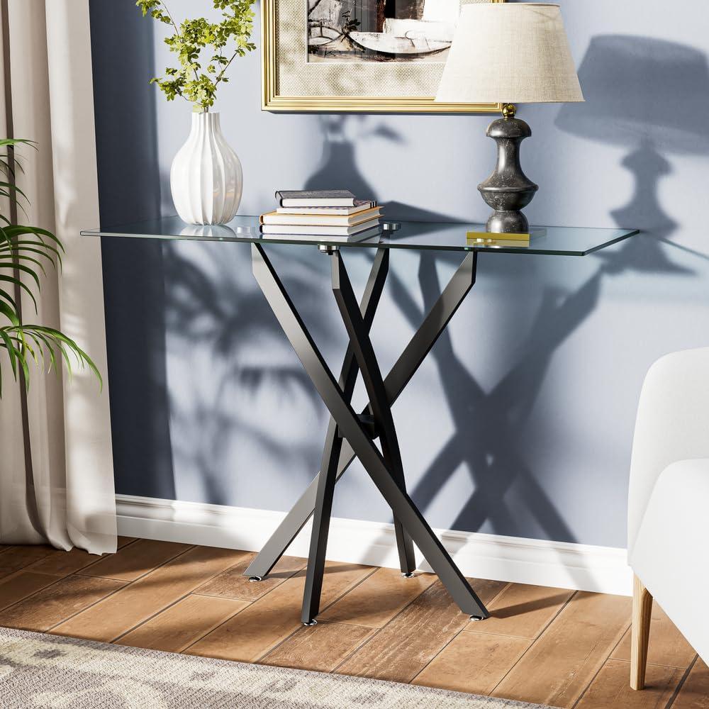 Black Tempered Glass Console Table with Crossed Metal Legs