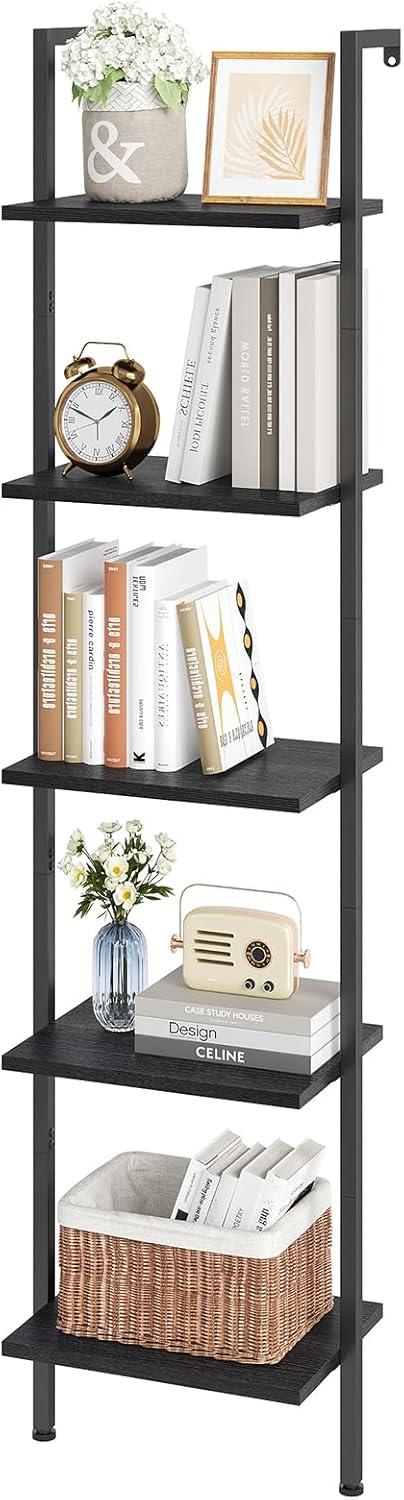 Ladder Shelf, 5-Tier Wood Wall Mounted Bookshelf with Metal Frame, Vintage Open Display Organizer Rack, Leaning Storage Shelves for Living Room, Bedroom, Home Office, Black