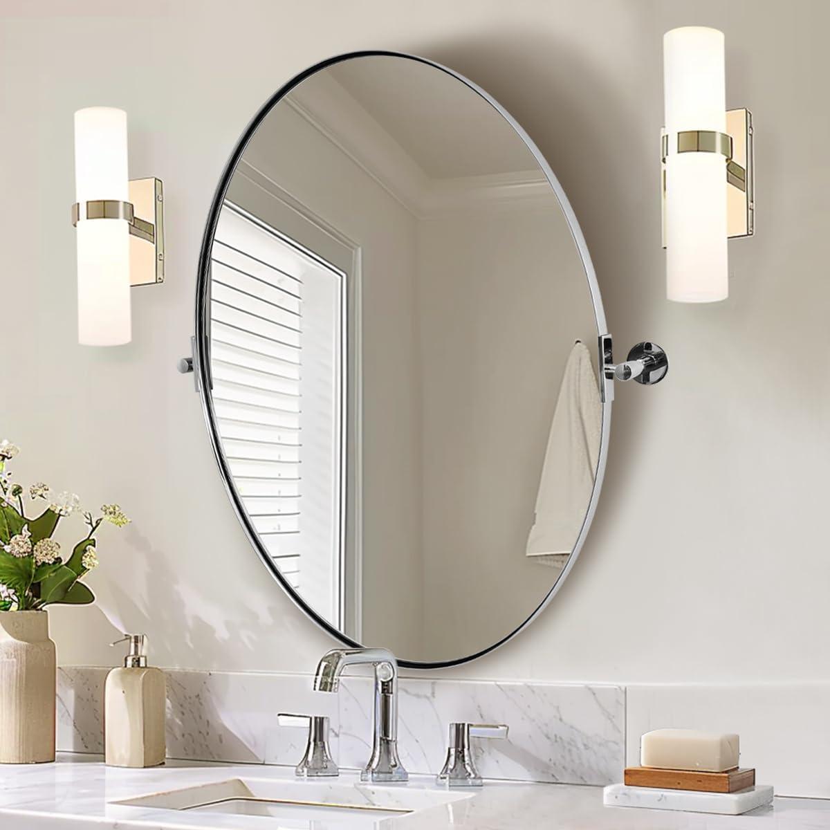 ANDY STAR Oval Bathroom Mirror, 24" x 36" Chrome Stainless Steel Metal Frame Vanity Mirror for Over Sink with Adjustable Tilting Design, Pivoting Mirror for Modern Wall Decor