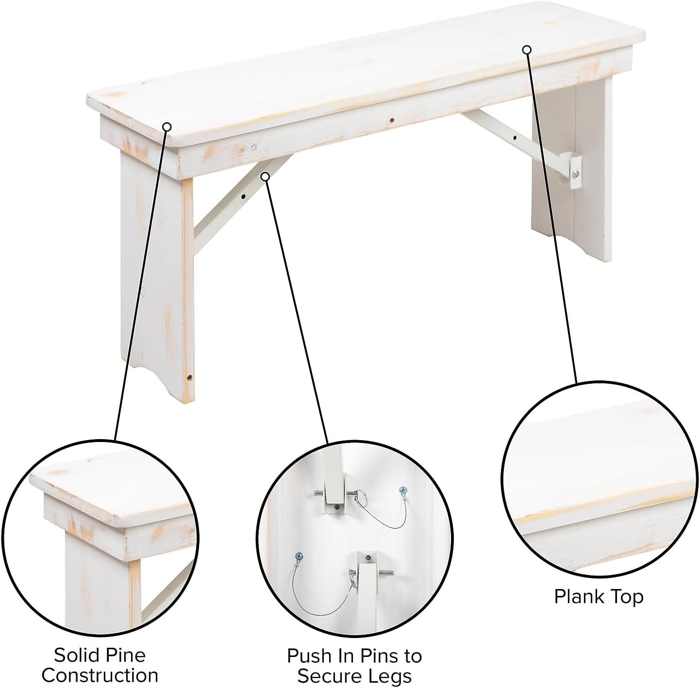 Antique Rustic White 40" Solid Pine Folding Farm Bench