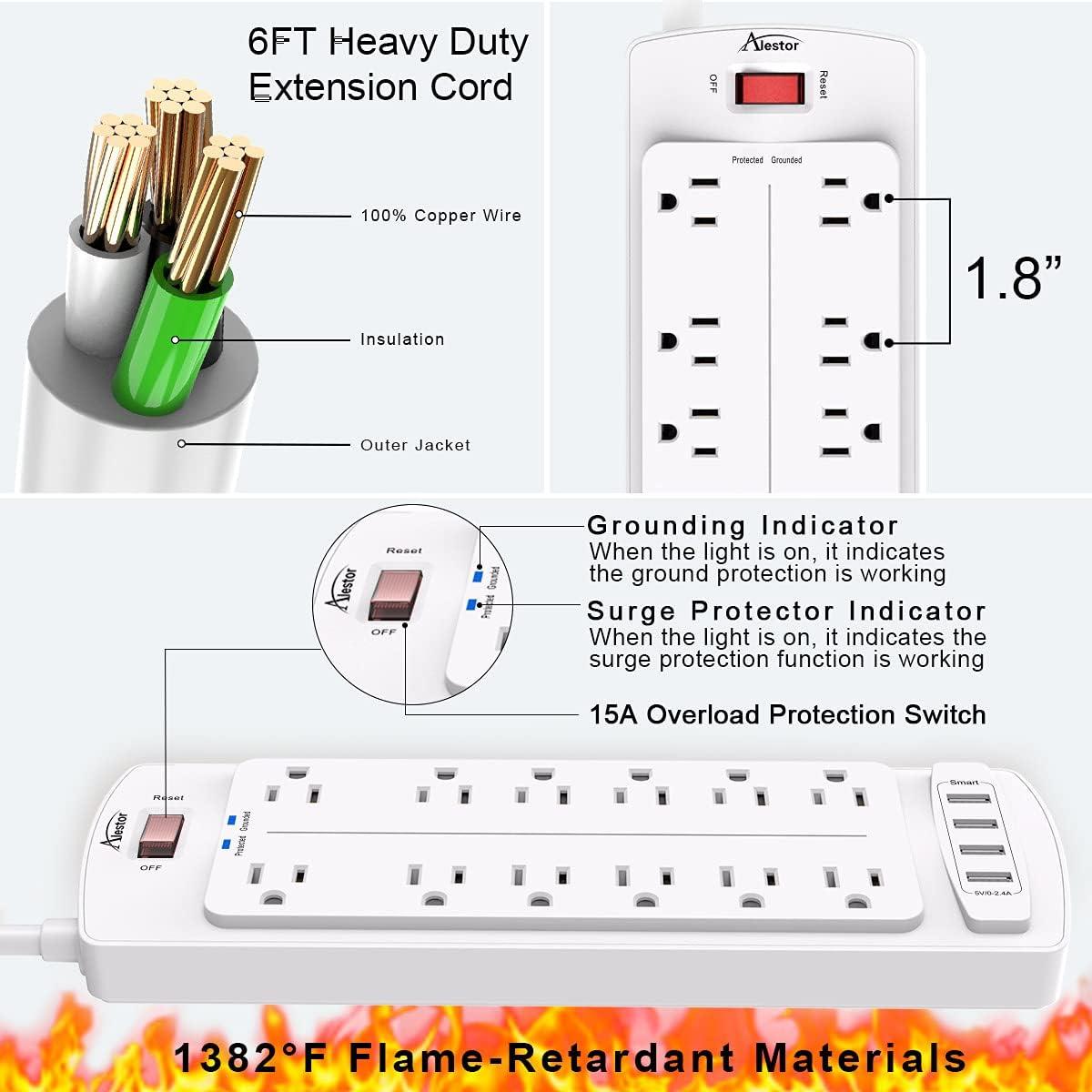 White Surge Protector Power Strip with 12 Outlets and 4 USB Ports