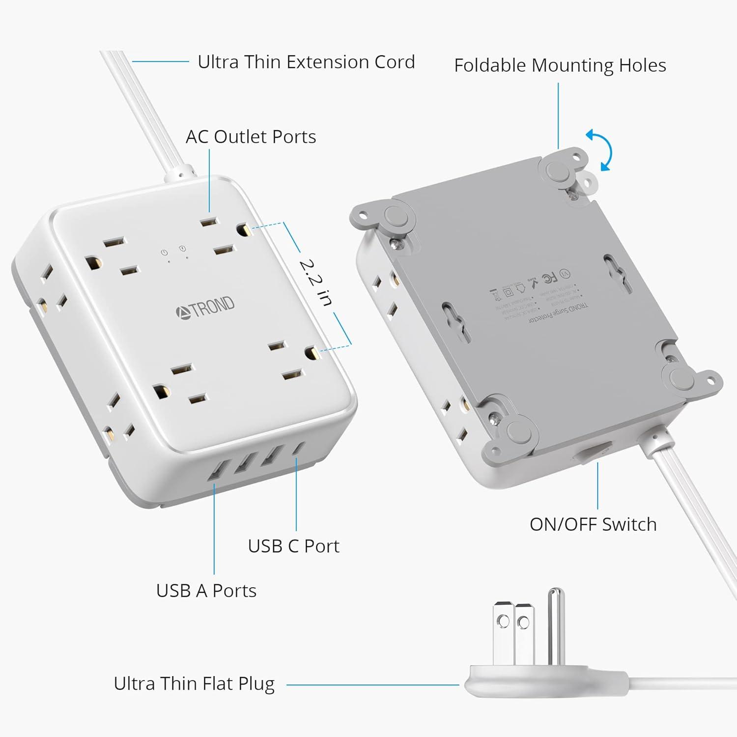 TROND Ultra Flat Plug Surge Protector Power Strip with USB C, 5Ft Flat Extension Cord and 3 USB A & 1 Type C with handing hole, 8 AC Outlets 1440J Wall Mount for Home Office Dorm Room, White