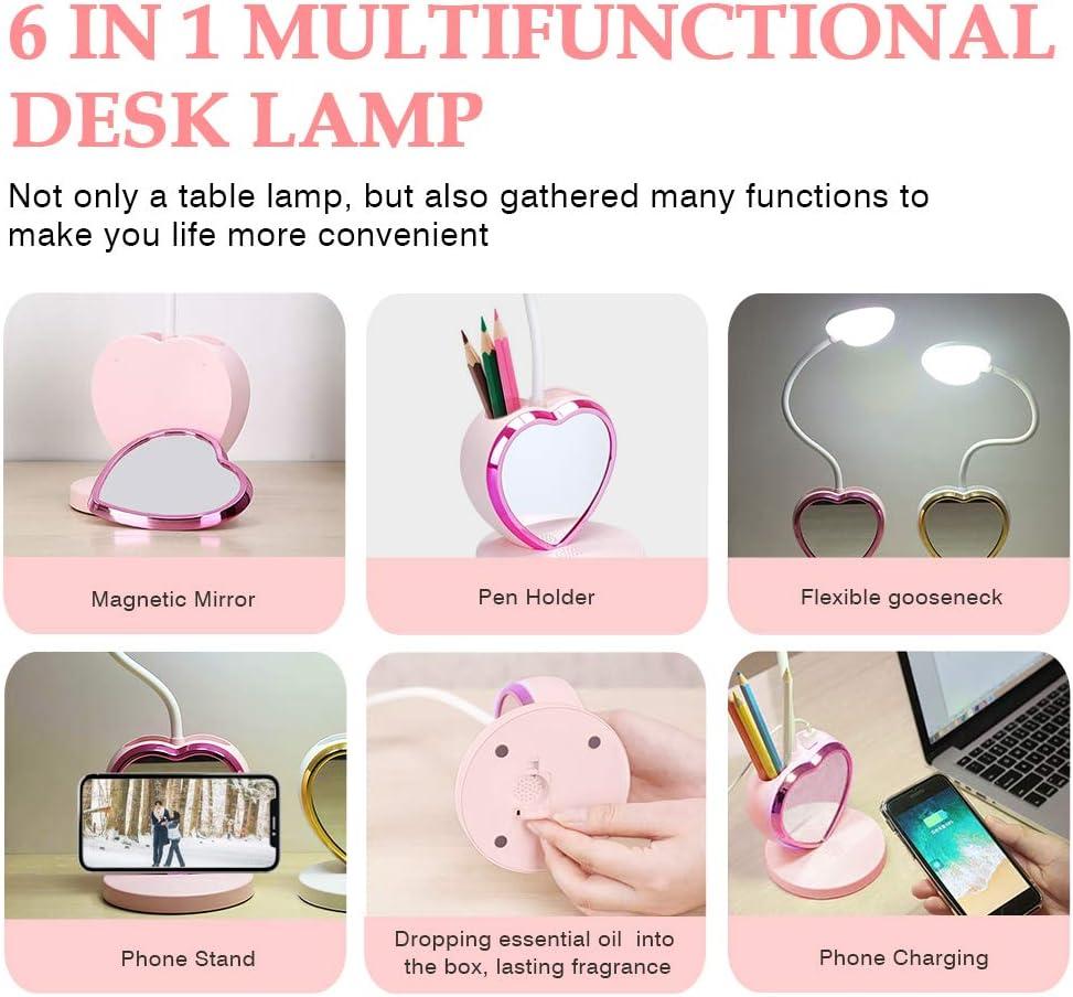 LED Desk Lamp for Kids, Small Desk Lamp with USB Charging Port & Pen Holder and Phone Stand, Cute Lamp with 2 Color Modes,Eye-Caring Study Table Lamp Pink for Girls College Dorm Bedroom Reading