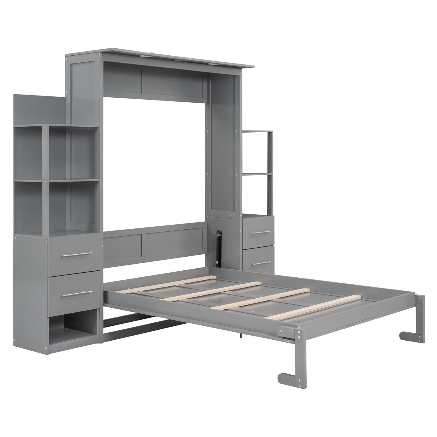 Cosmic Full Size Murphy Bed Wall Bed with Shelves, Drawers and LED Lights