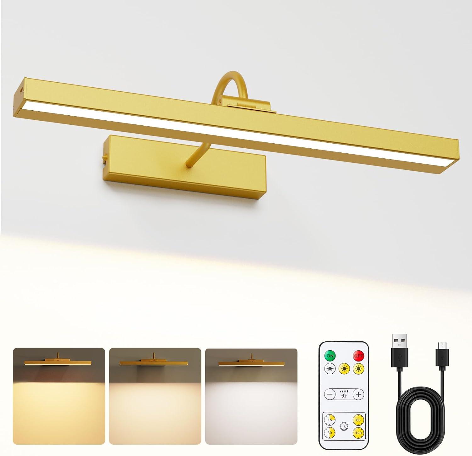 Bridika Picture Lights for Wall Battery Operated, 15.7in Wireless Rechargeable Wall Lights with Remote, 3 Color Temperatures, Dimmable Art Light for Paintings, Gallery, Dartboard, Portraits gold 1pack