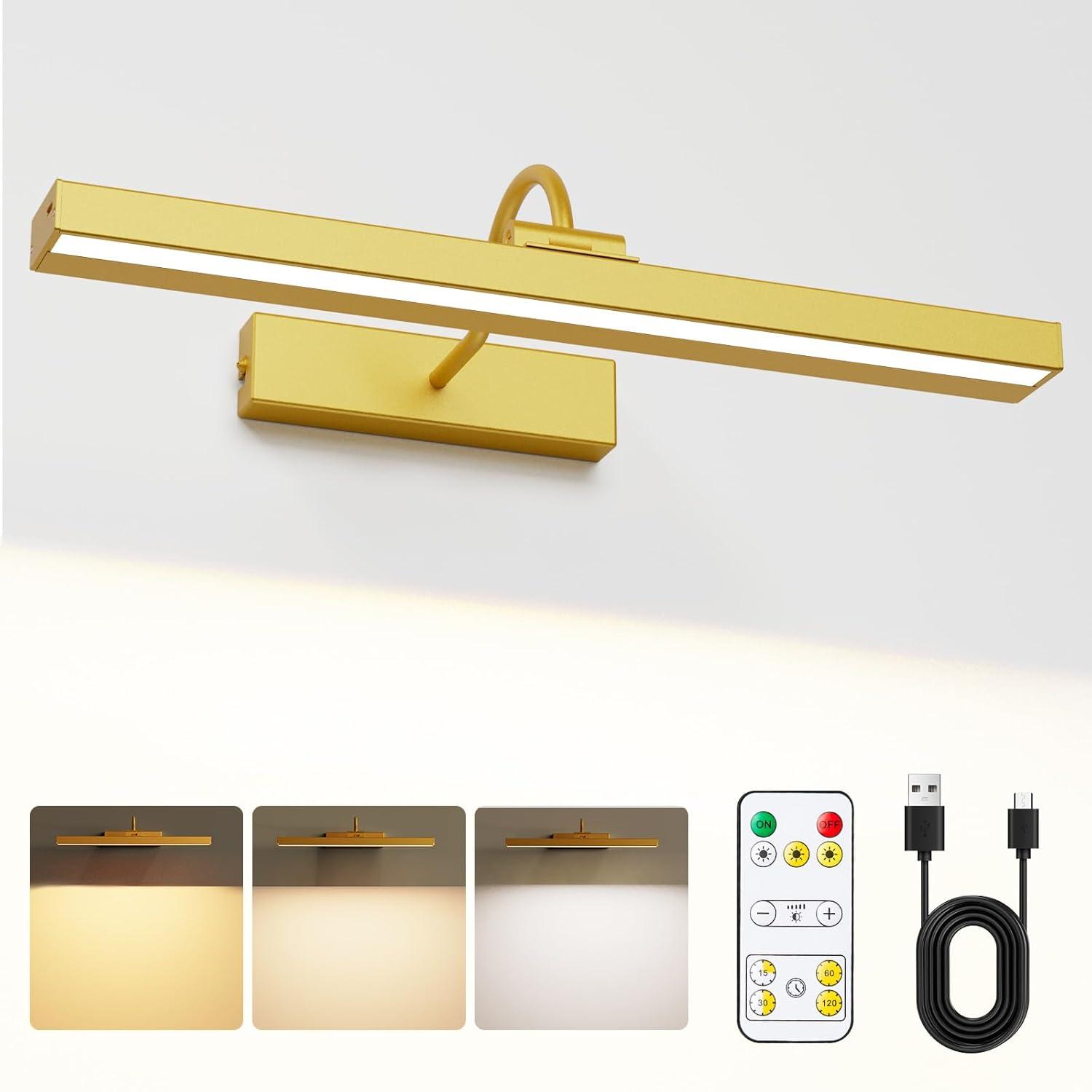 Bridika Picture Lights for Wall Battery Operated, 15.7in Wireless Rechargeable Wall Lights with Remote, 3 Color Temperatures, Dimmable Art Light for Paintings, Gallery, Dartboard, Portraits gold 1pack