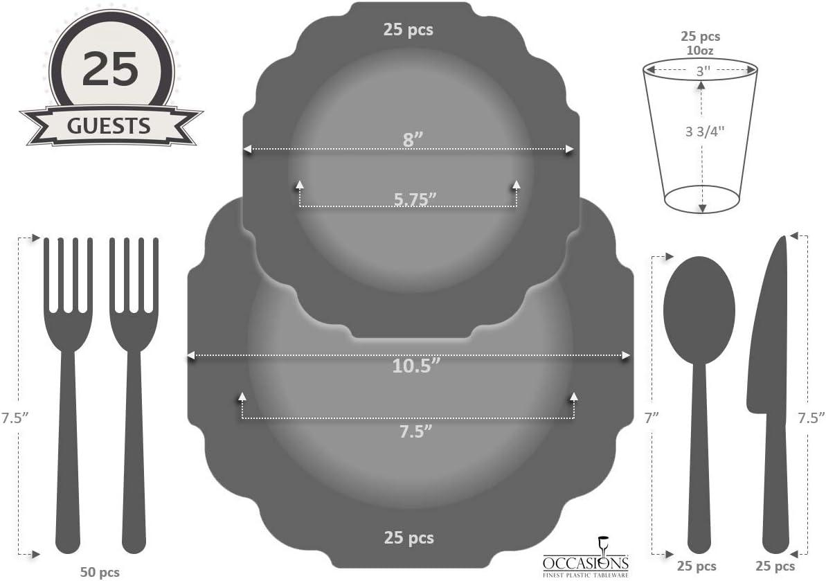 " OCCASIONS " 200 Piece set (25 Guests)-Wedding Plastic Plates & cutlery -Disposable heavyweight Dinnerware 10.5'', 8'' + Silverware + Cups + Napkins (Imperial in Rose Pink & Gold)