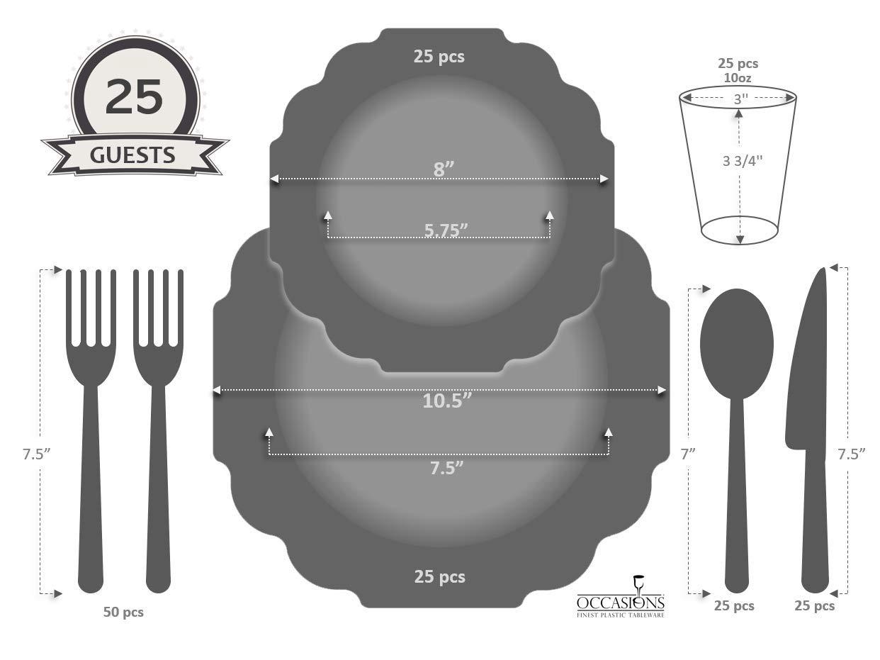 " OCCASIONS " 200 Piece set (25 Guests)-Wedding Plastic Plates & cutlery -Disposable heavyweight Dinnerware 10.5'', 8'' + Silverware + Cups + Napkins (Imperial in Rose Pink & Gold)