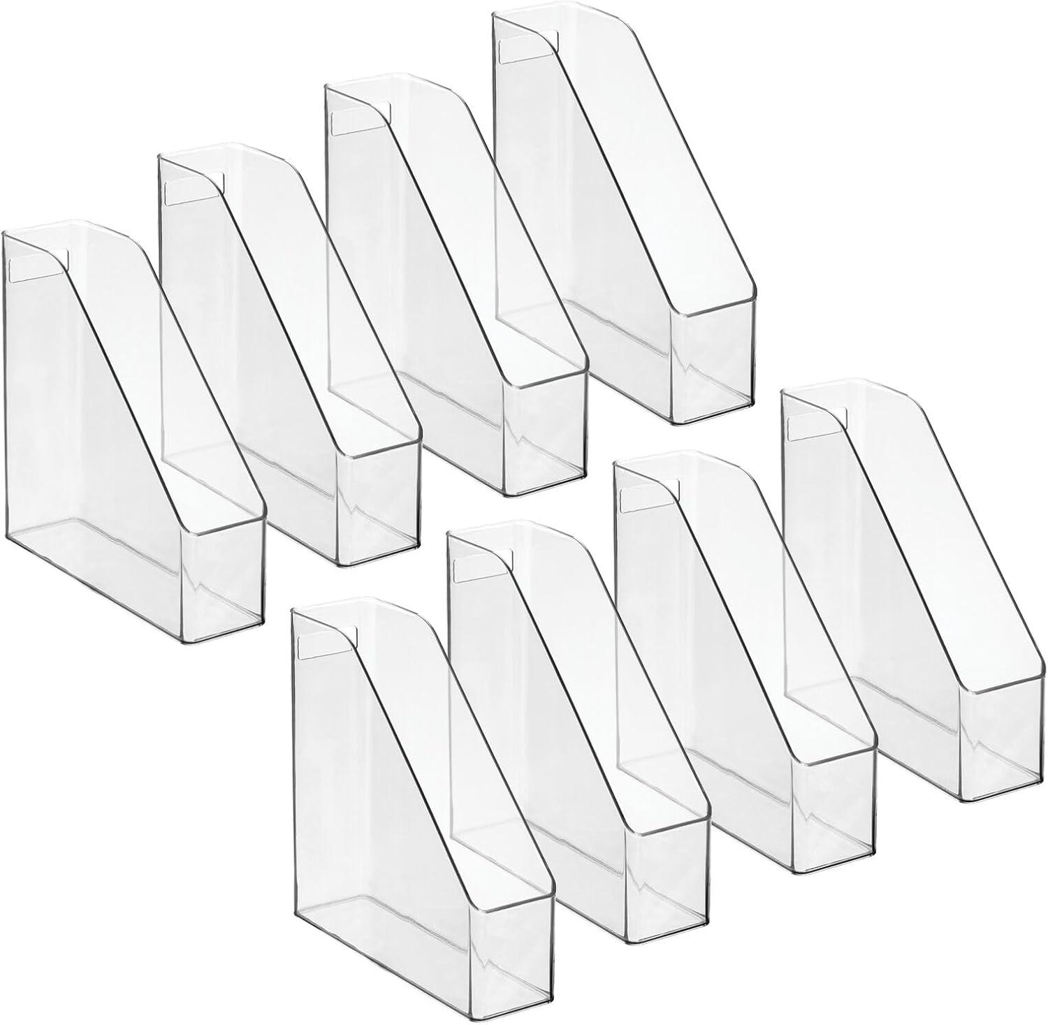 mDesign Plastic Sturdy File Folder Bin Storage Organizer Vertical with Handle Holds Notebooks Binders Envelopes Magazines Container for Home Office and Work Desktops 8 Pack Clear