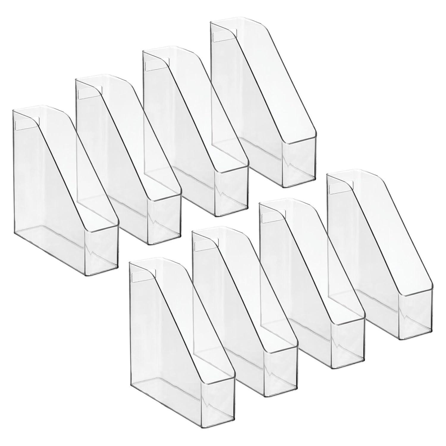 mDesign Plastic Sturdy File Folder Bin Storage Organizer Vertical with Handle Holds Notebooks Binders Envelopes Magazines Container for Home Office and Work Desktops 8 Pack Clear