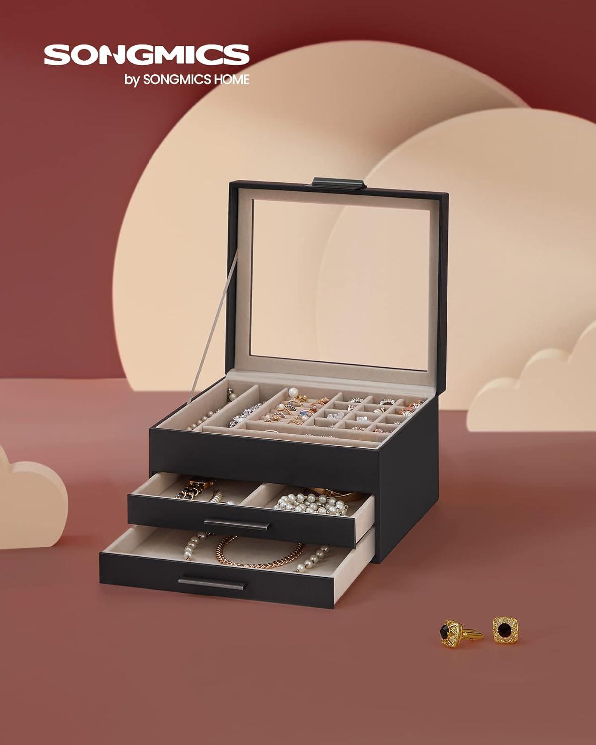 Glass Lid Jewelry Box with Glass Jewelry Organizer Case for Rings Necklaces Earrings Black and Silver