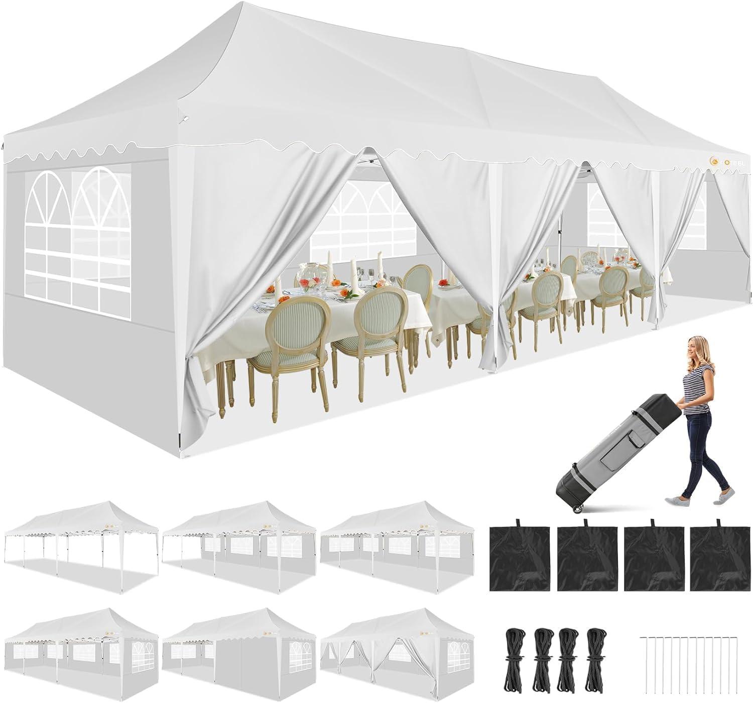 10'x30' EZ Outdoor Pop Up Canopy Tent, Waterproof and Sunproof Beach Canopy with 8 Removable Sidewalls, Heavy Duty Party Wedding Canopy, Height Adjustable Comes with 4 Sandbags, Rolling Bag (White)