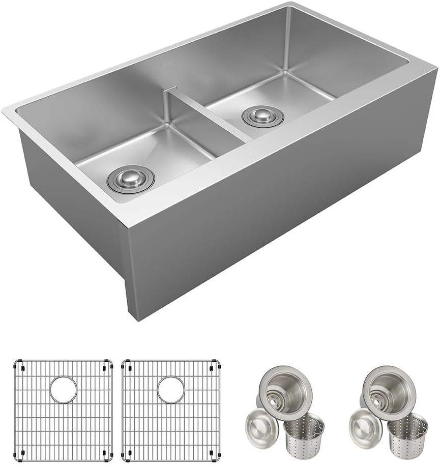 36" Stainless Steel Double Bowl Farmhouse Kitchen Sink with Drainboard