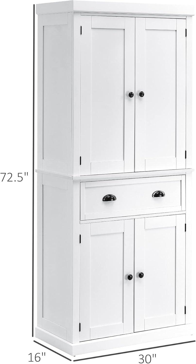 HOMCOM 72.5" Traditional Freestanding Kitchen Pantry Cupboard with 2 Cabinet, Drawer and Adjustable Shelves, White