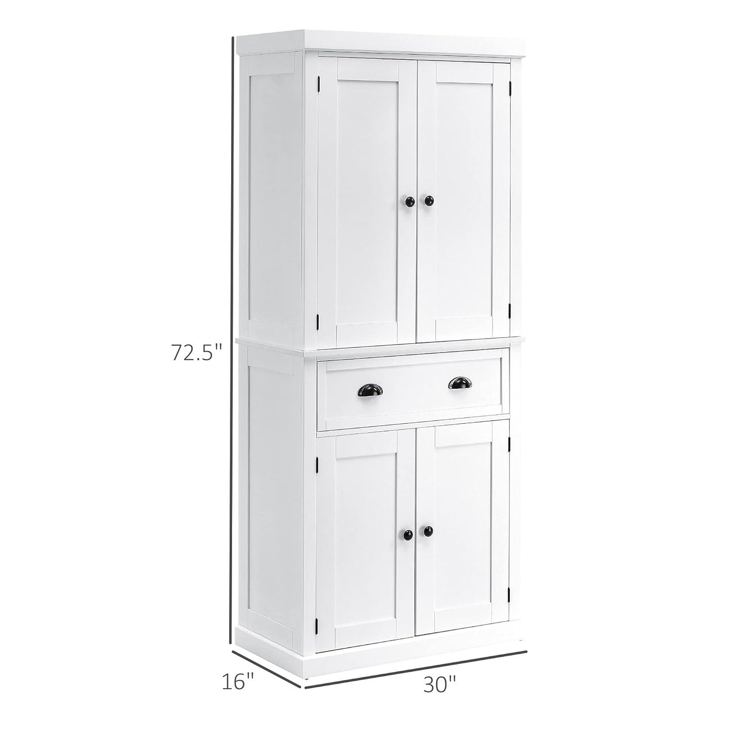 HOMCOM 72.5" Traditional Freestanding Kitchen Pantry Cupboard with 2 Cabinet, Drawer and Adjustable Shelves, White