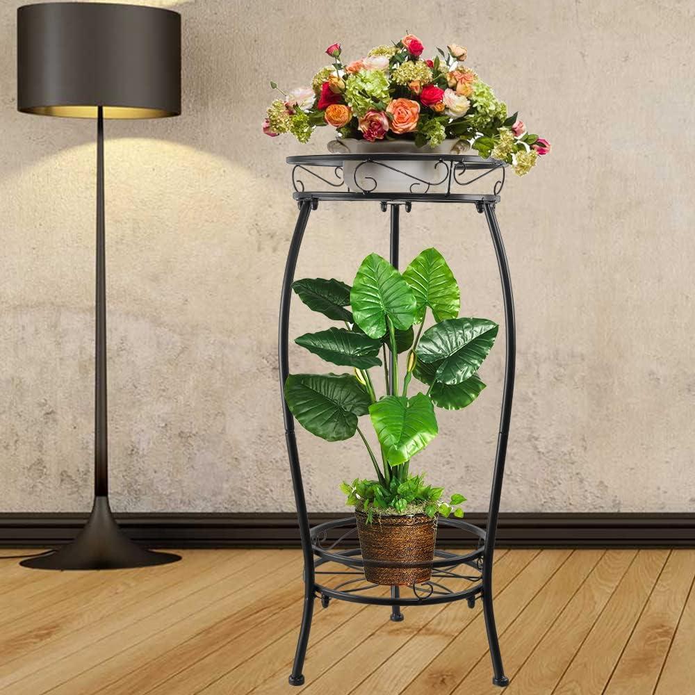 Plant Stands Indoor Outdoor, Metal Multiple Potted Plant Rack Holder, 2 Tier Tall Patio Flower Pot Stand for Corner, Anti-Rust 20.3" (Black)