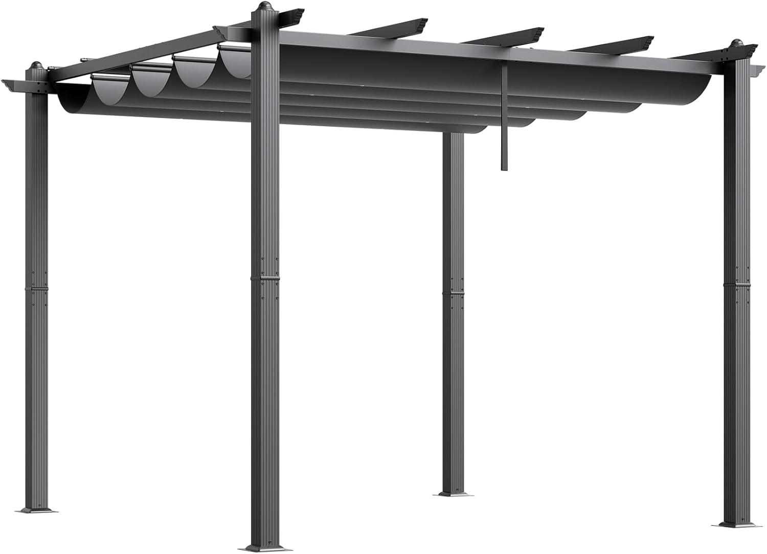 Gray Aluminum Outdoor Pergola with Retractable Canopy