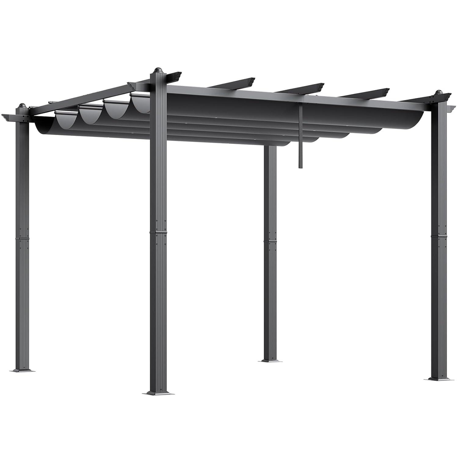 VEVOR 10'x10' Outdoor Retractable Pergola with Canopy, Aluminum Pergola with Retractable Canopy, Modern Style, Sun Shade for Patios, Gardens, Decks, Backyards (Gray)