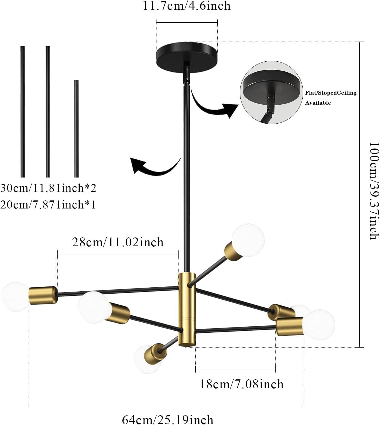 Black and Gold Modern Sputnik Chandelier Ceiling Light Fixtures, 6-Lights Mid Century Industrial Metal Semi Flush Mount Lamp for Bedroom Dining Room Living Room Kitchen Hallway Office