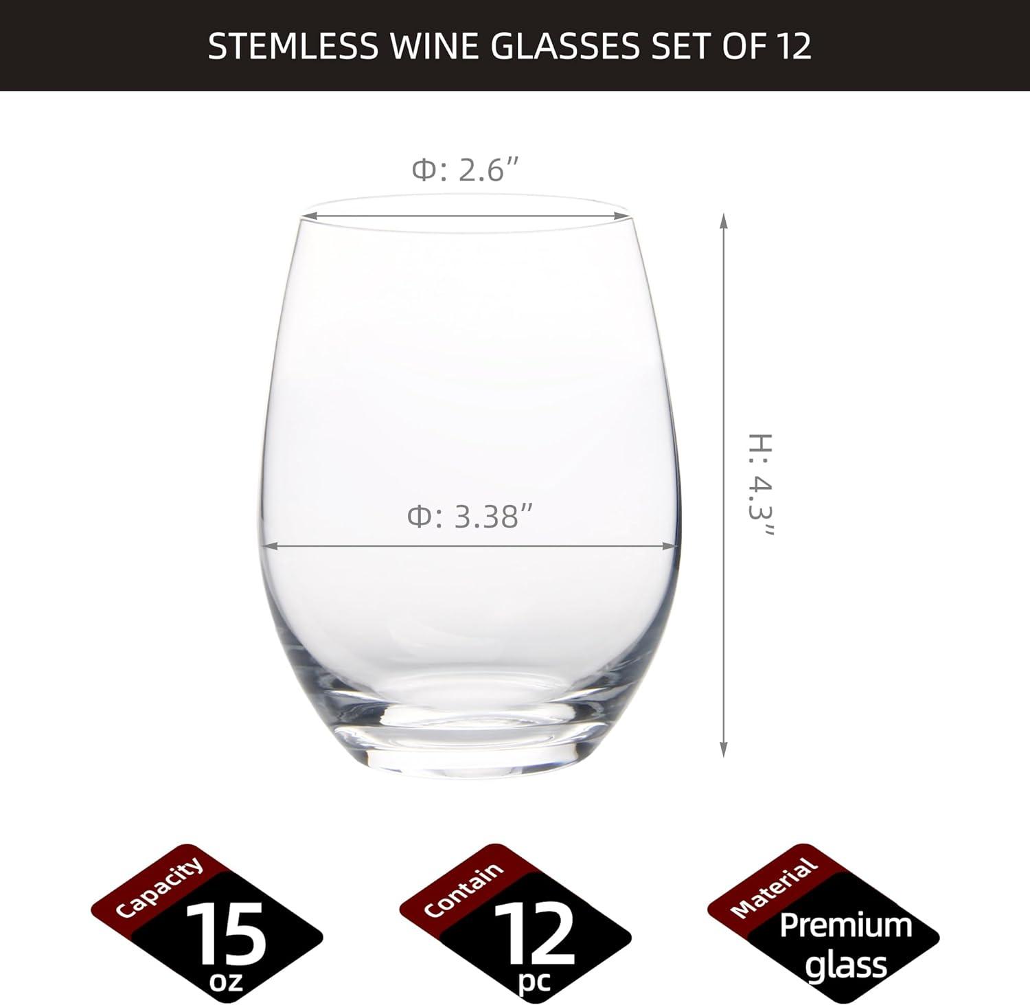 Set of 12 Clear 15 Ounce Stemless Wine Glasses