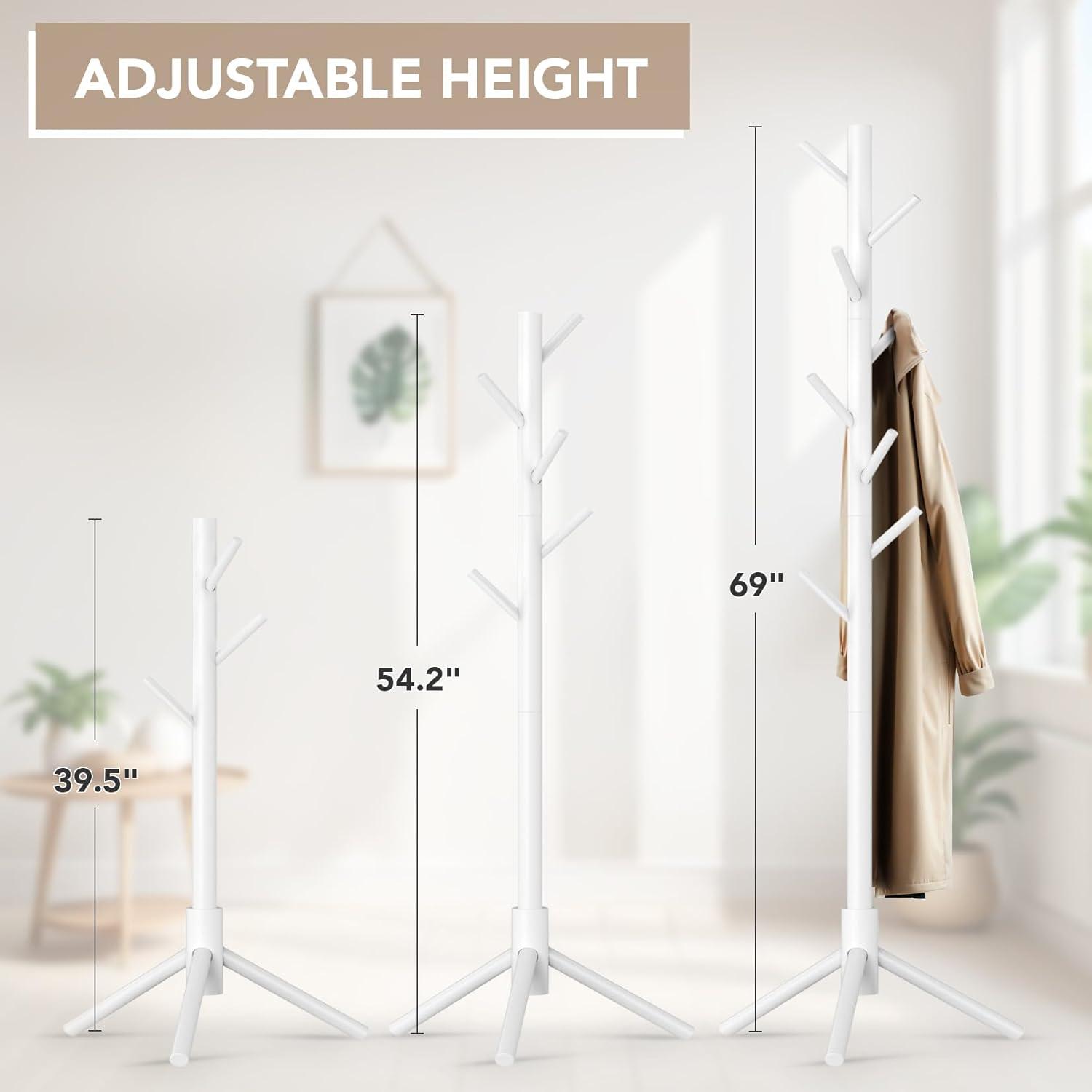 White Adjustable Height Wooden Tree Coat Rack Stand