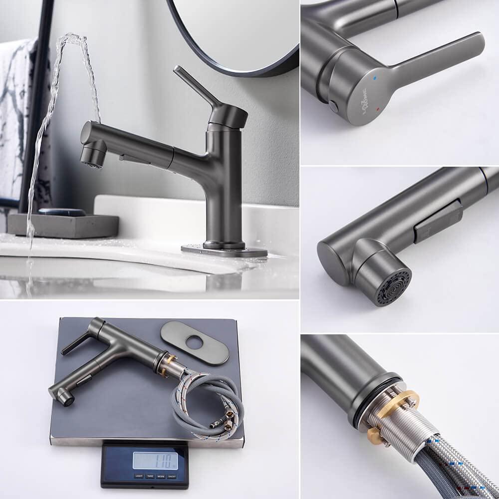 Bathroom Sink Faucet with Pull Out Sprayer Single Hole one Handle Basin Mixer Tap Pull Down Vessel Waterfall Rotating Spout Widespread Drain Assembly (Gun Grey, Regular)