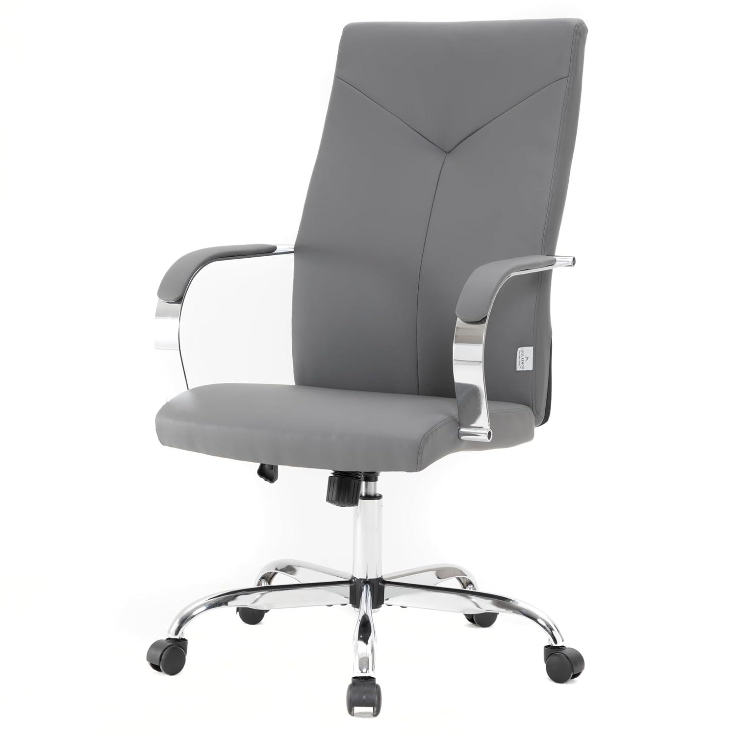 LeisureMod Sonora High-Back Leather Office Chair with Adjustable Height, Swivel, and Tilt in Grey