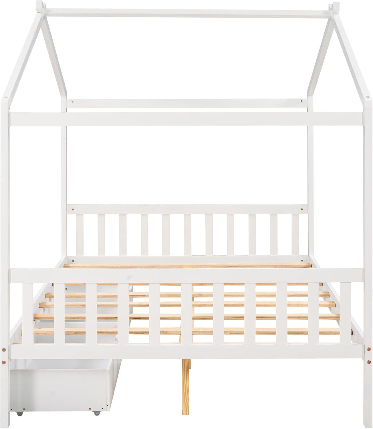 Kumix Platform Bed with Two Drawers, Wooden House Platform Bed Full Size with Headboard and Footboard, Roof Design for Kids Teens Boys and Girls, Noise-Free, No Box Spring Needed, White
