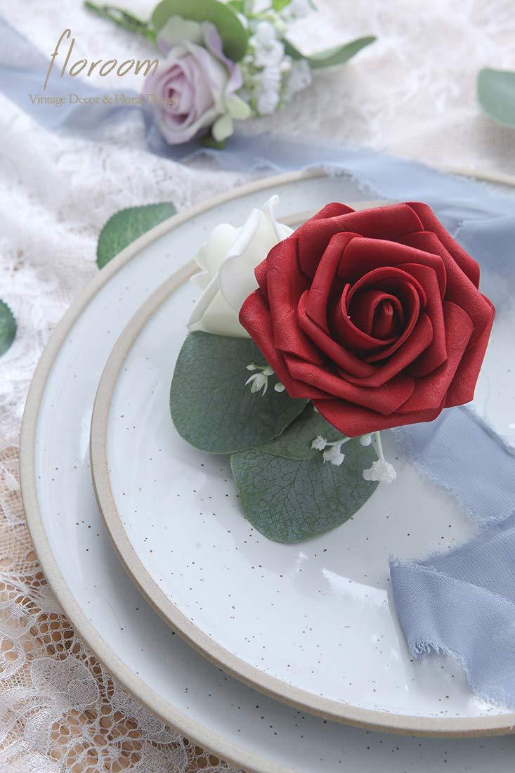 FlowGircnty Artificial Flower Dark Red Rose 25pcs Real Looking Fake Roses w/Stem for DIY Wedding Bouquets Centerpieces Arrangements Party Baby Shower Home Decorations