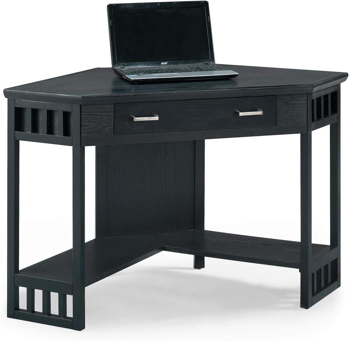 Elegant Black Oak Corner Writing Desk with Drawer and Keyboard Tray