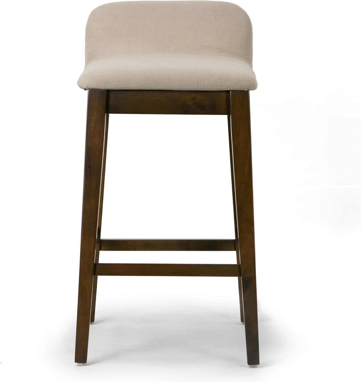 Set of 2 Beige Fabric and Dark Brown Wood Bar Stools