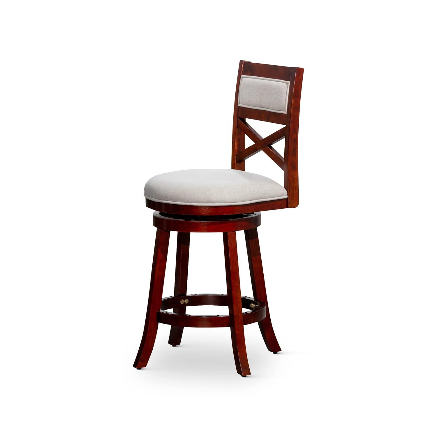 Killeryuki Indoor Living Meeker X Back Fabric Swivel Stool, 24” Counter Height, Cherry Finish, Beige Fabric Seat