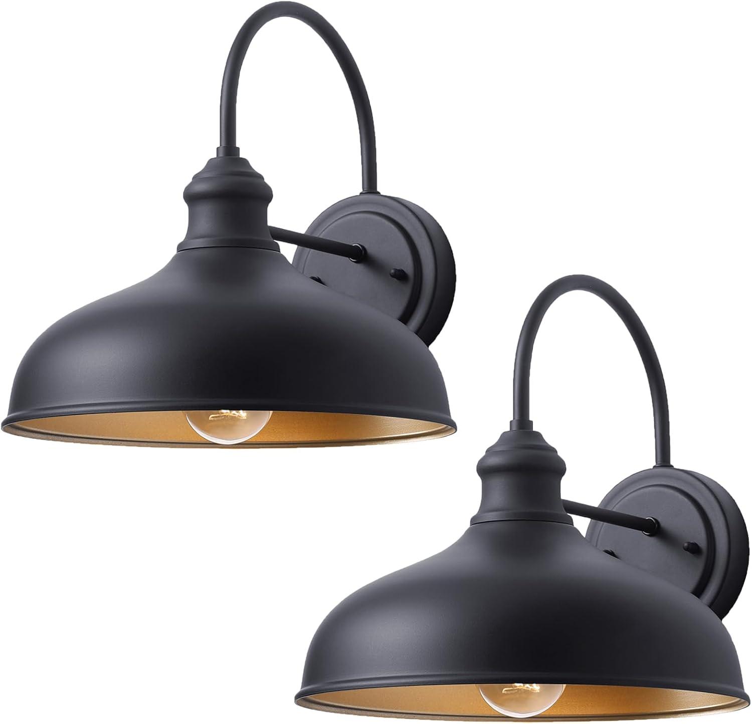 GOALPLUS 2 Pack Goosenck Barn Lights Outdoor, 10 Inch Dome Farmhouse Exterior Lighting for Porch, Matte Black Exterior and Brass Interior