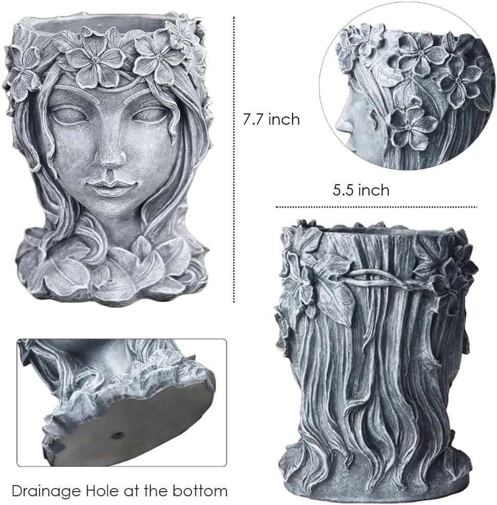 Winston Porter Head Planter Face Flower Pot Goddess Statue Planter Decorative Girl Portrait Planter Indoor Outdoor Girl Face Flower Vase Container Planter (Gray)