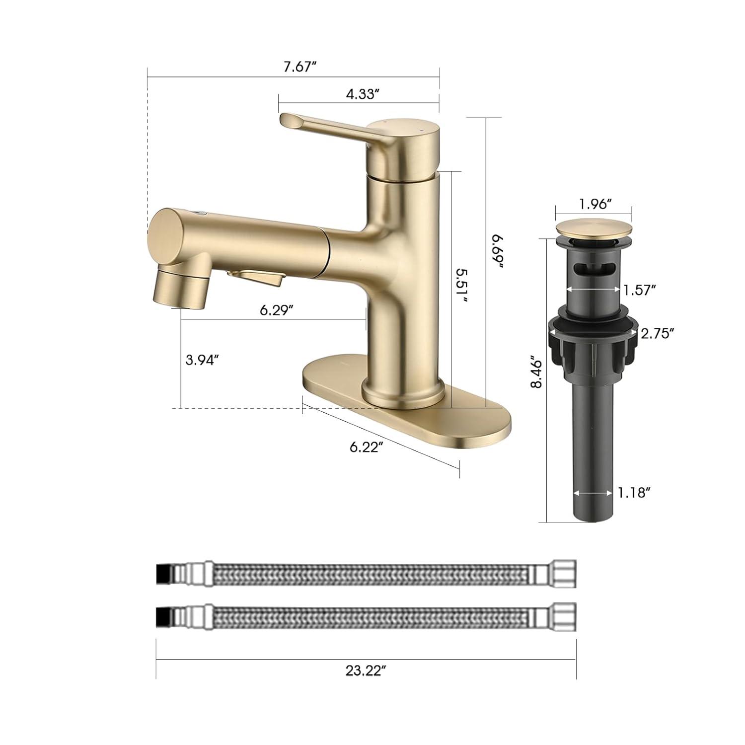Single Handle 1 or 3-Hole Bathroom Faucet with Deckplate Included and Pull Out Sprayer in Brushed Gold