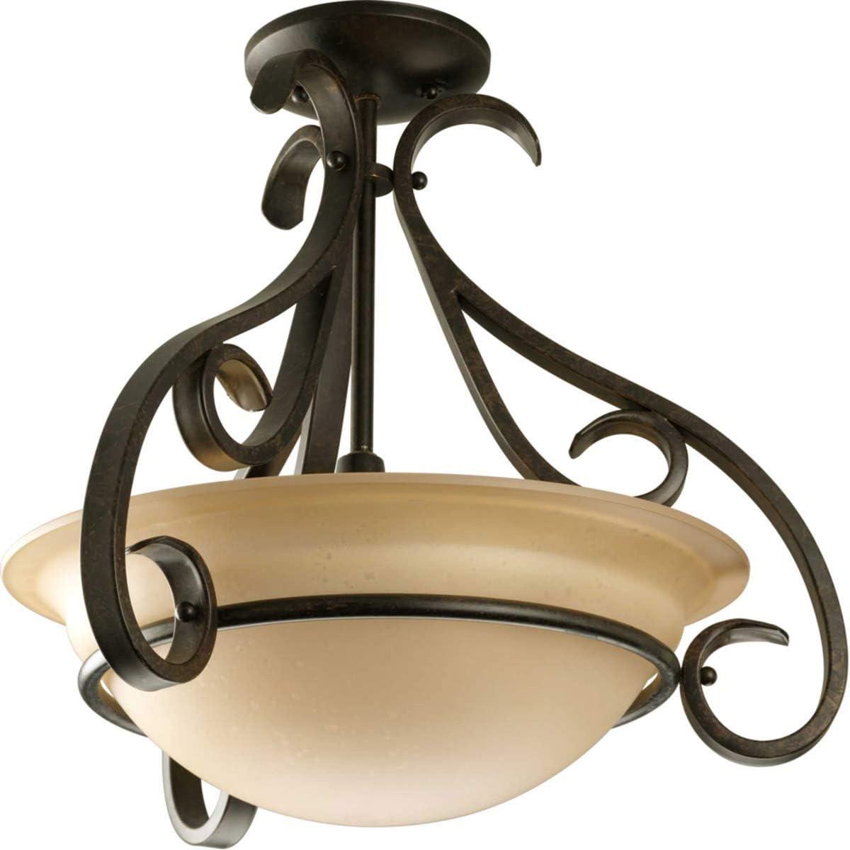 Progress Lighting Torino 3-Light Semi-Flush in Forged Bronze with Etched White Glass Bowl