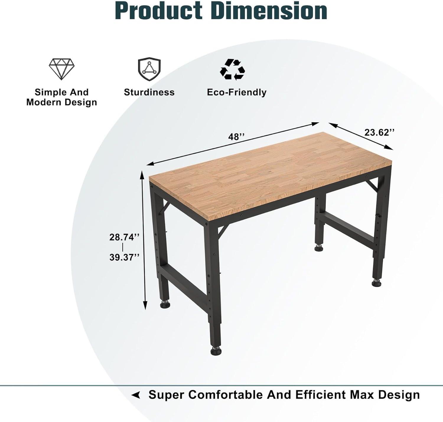 Gzxs Height Adjustable Workbench 48" x 23.62", 2000 LBS Capacity Heavy-Duty Rubber Wood Workstation for Garage Party Shop Office (Black)