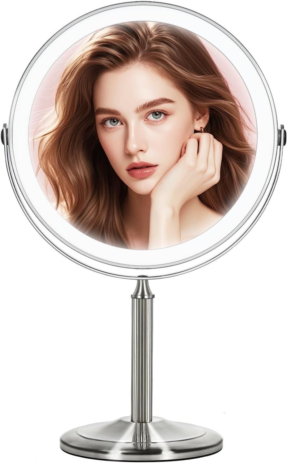 Nickel 9.5" Double-Sided Lighted Makeup Mirror with 15X Magnification