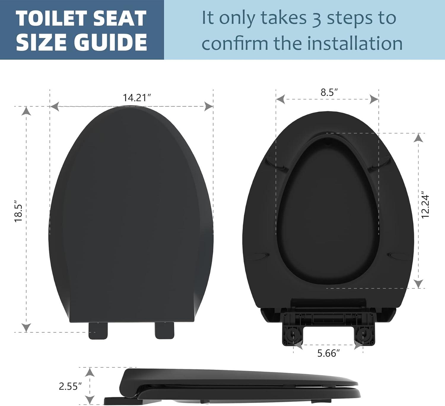 Elongated Toilet Seat, Slow Soft Close, Oval(Oblong) Toilet Seat For Elongated Toilets, Quiet-Close Lid And Seat, Easy To Install And Clean, Never Loosen, Black(18.5)