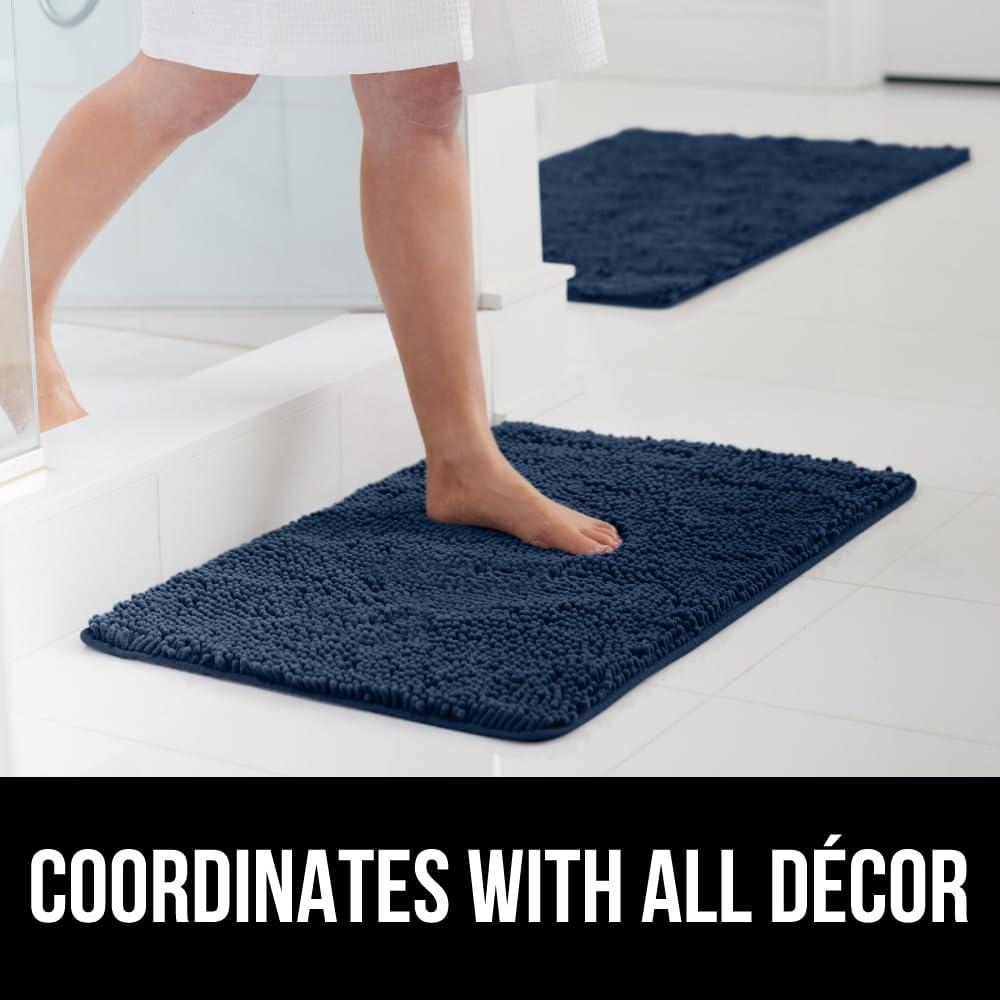 GORILLA GRIP Chenille Bath Rug 24x17, Rubber Backing Quick Dry Washable Microfiber Mats, Navy