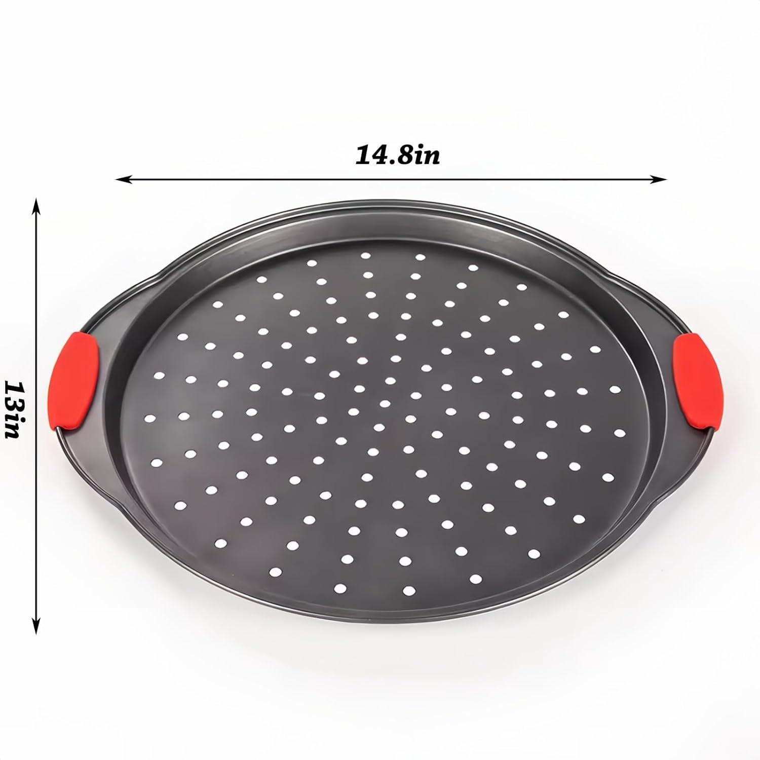 Non-Stick Carbon Steel Perforated Pizza Pans with Silicone Handles