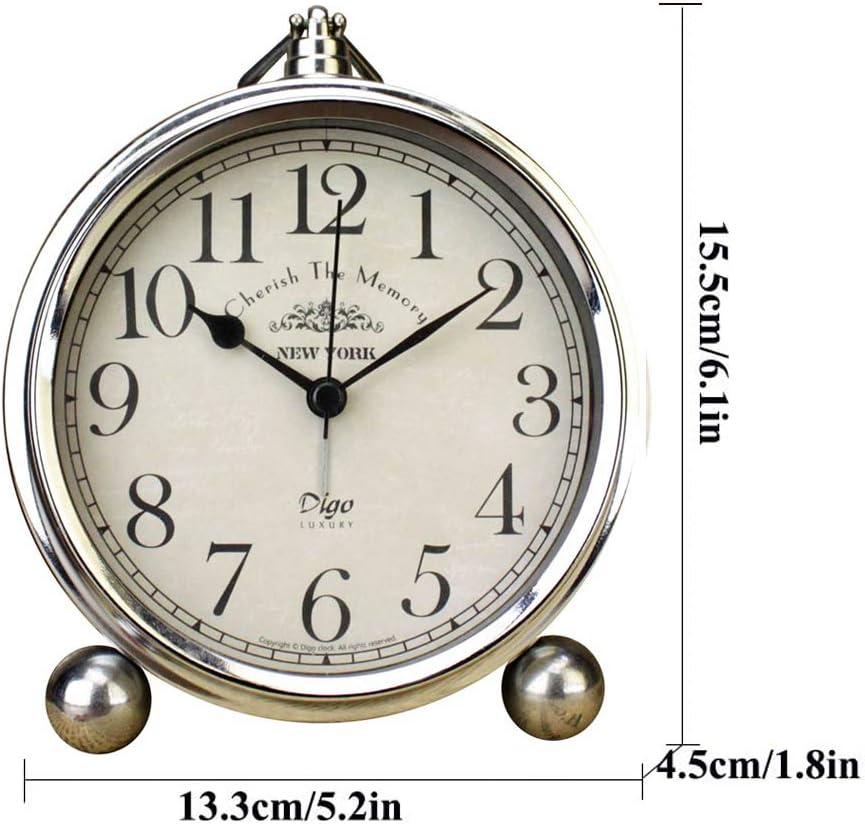 Vintage Table Clock, Iron European Style Desk Clock Battery Operated Non-Ticking Mantle Clock for Home Decor