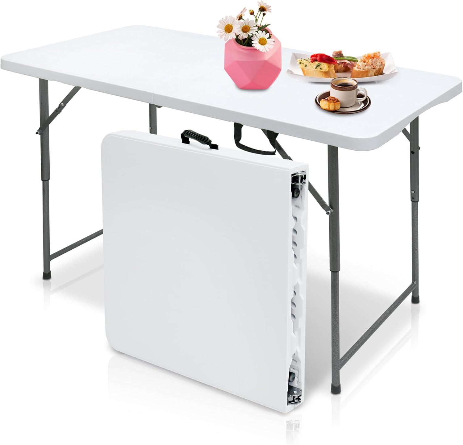 CL.HPAHKL 4 ft Folding Table with 3 Adjustable Height, Small Plastic Foldable Table with Carrying Handle, Portable Camping Table Fold in Half for Indoor Outdoor Camping, Picnic and Party, White