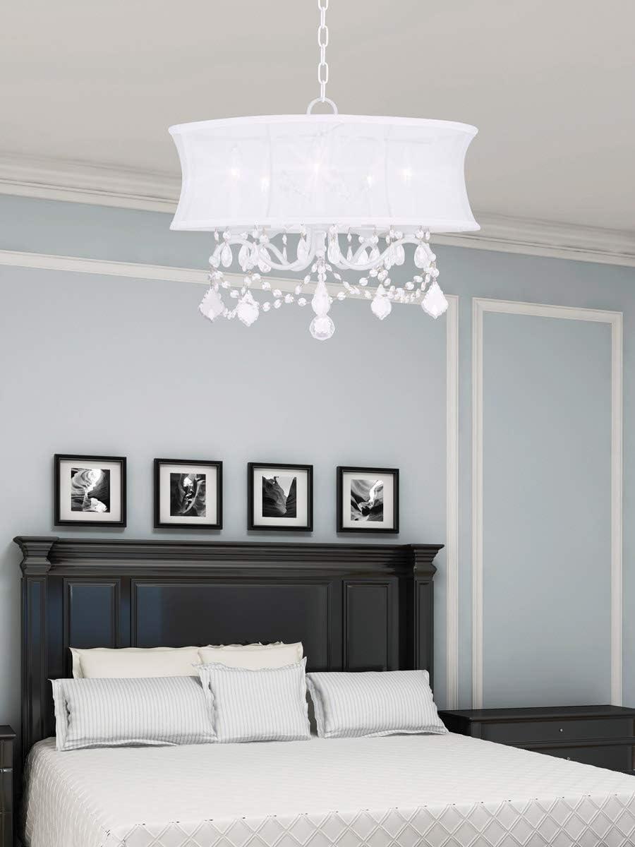 5 Light White Chandelier with Off White Silk Shimmer Shade