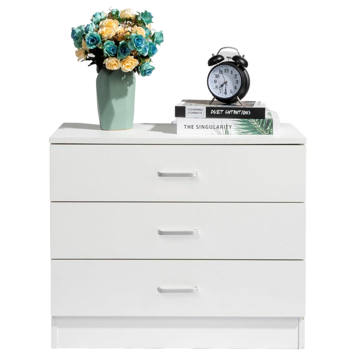 XIAOTAO 3-Drawer Dresser, Small Nightstand Modern Storage Chest of Drawer Wooden Side Table End Table for Bedroom, Living Room, Reception Room (White)