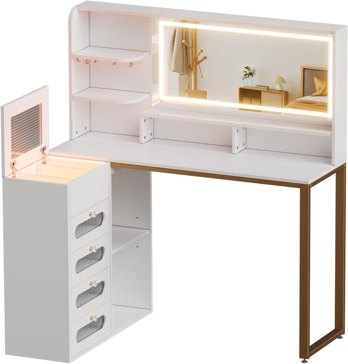 PAKASEPT Vanity Set with Lighted Mirror, Vanity Desk Makeup Vanity with 3-Color Adjustable Touch Light, 5 Drawers, Storage Shelves,Large Bedroom Vanitys for Women Girls